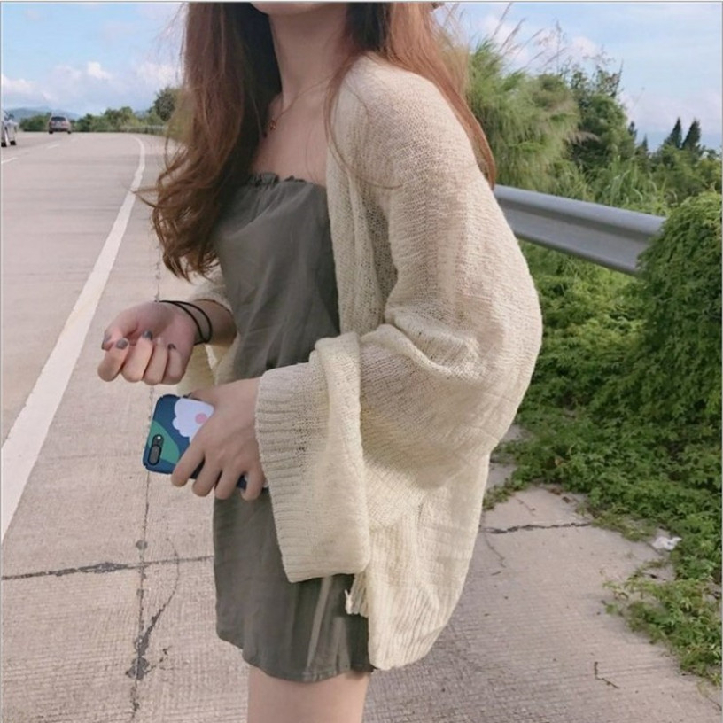 Hong Kong Style Retro chic Style Lazy Loose Thin Long-sleeved Knitted Sweater Summer All-match Slim-fit Sunscreen Women's Cardigan