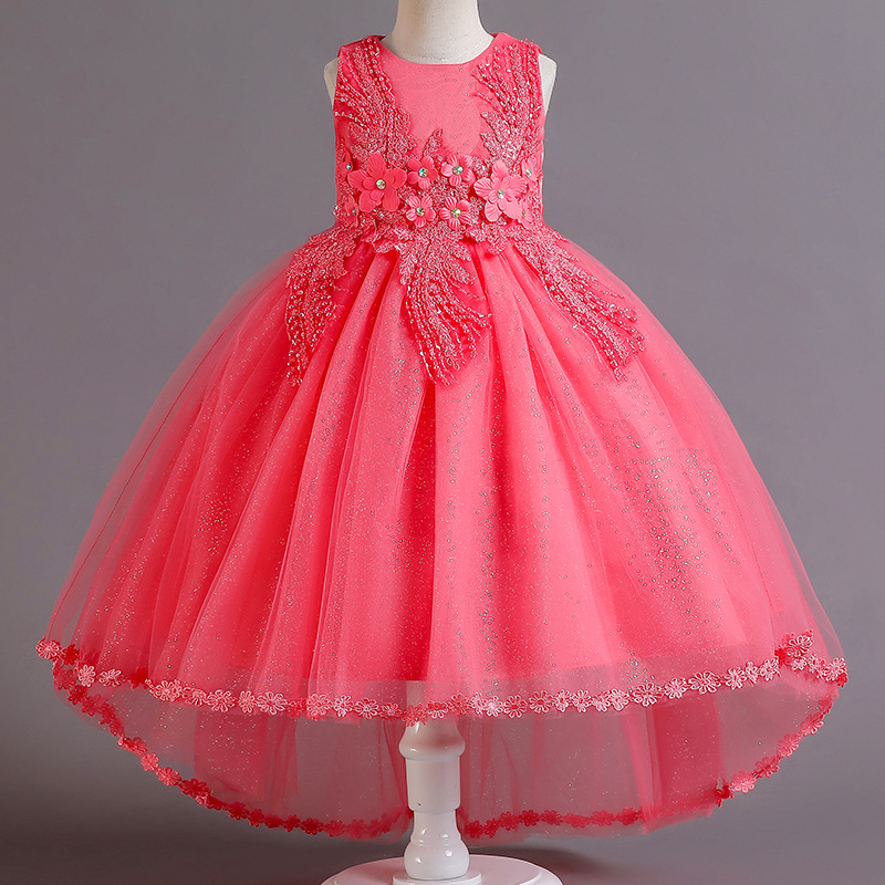 Cross-border hot selling children's dress wedding dress fluffy lace trailing sleeveless dress host catwalk show costume