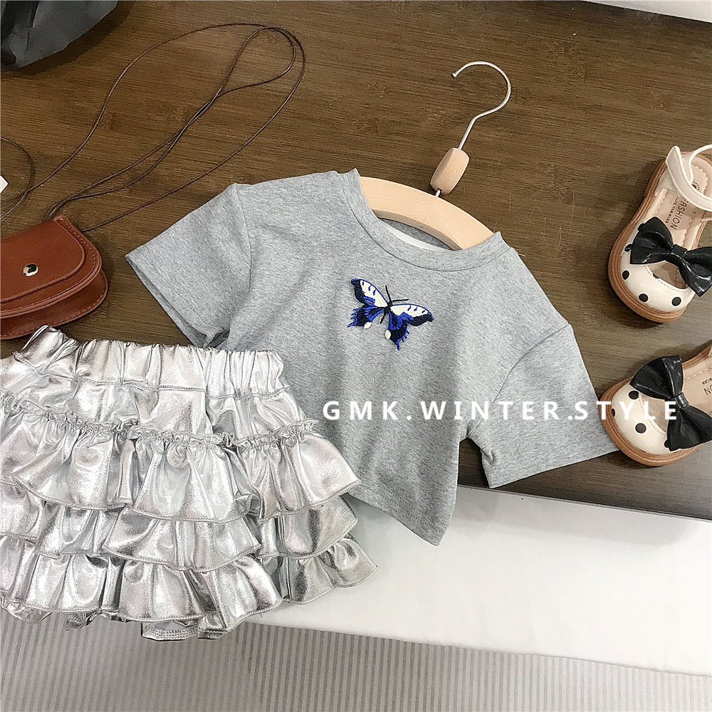 Girls' silver Layer Cake Skirt Summer Dress New Korean Style Fashionable Children's Short Skirt Women's Treasure Short T-shirt for Foreign Trade