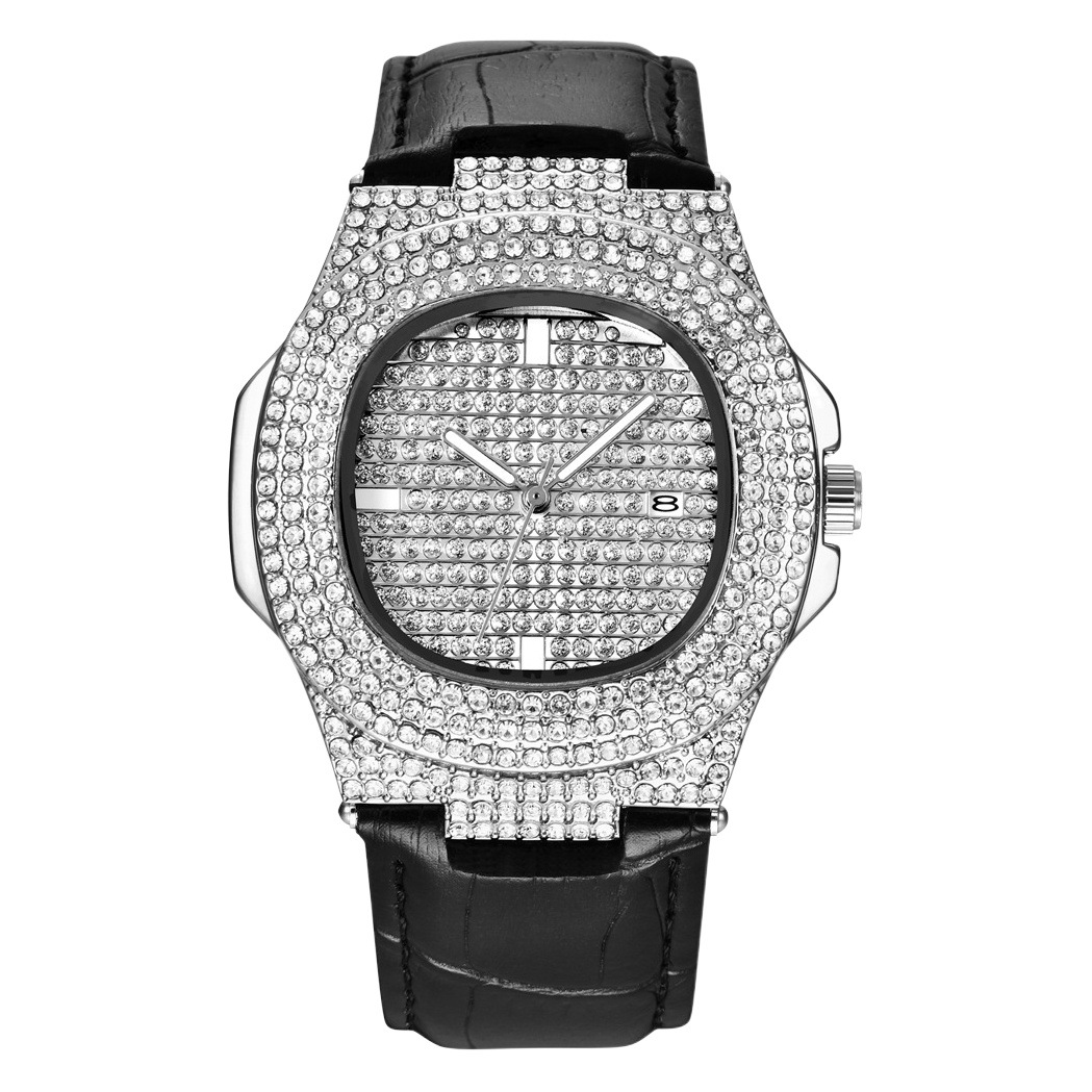 Huaqiang North Diamond Hip-Hop Watch Men's AliExpress New Fashion Belt Calendar Quartz Watch Men's One-Piece Hair