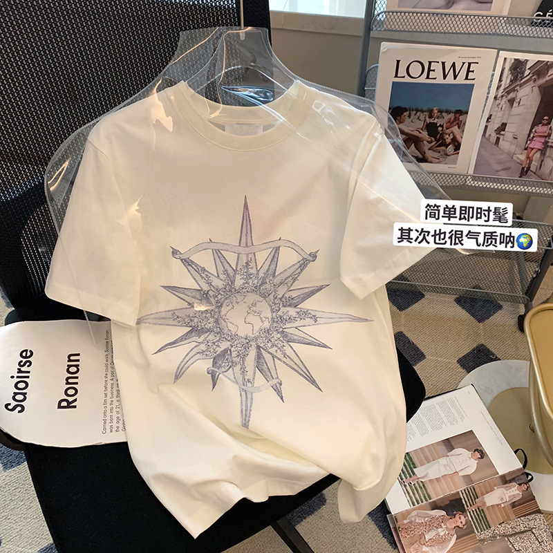 Cartoon Design Niche Printed White Short-sleeved T-shirt Women's 2023 Summer New Loose Casual All-match Top for Women