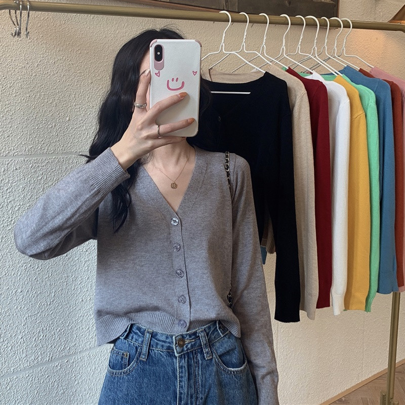 K-style Loose Autum Short High-waisted Long-sleeved Outer Top Wool Women's Outwear V-neck Knitwear Cardigan Wholesale