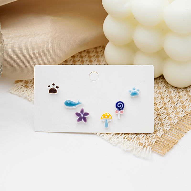 Silver needle color small fresh cartoon animal whale lollipop cat claw flower earrings cute multiple pairs of suit earrings