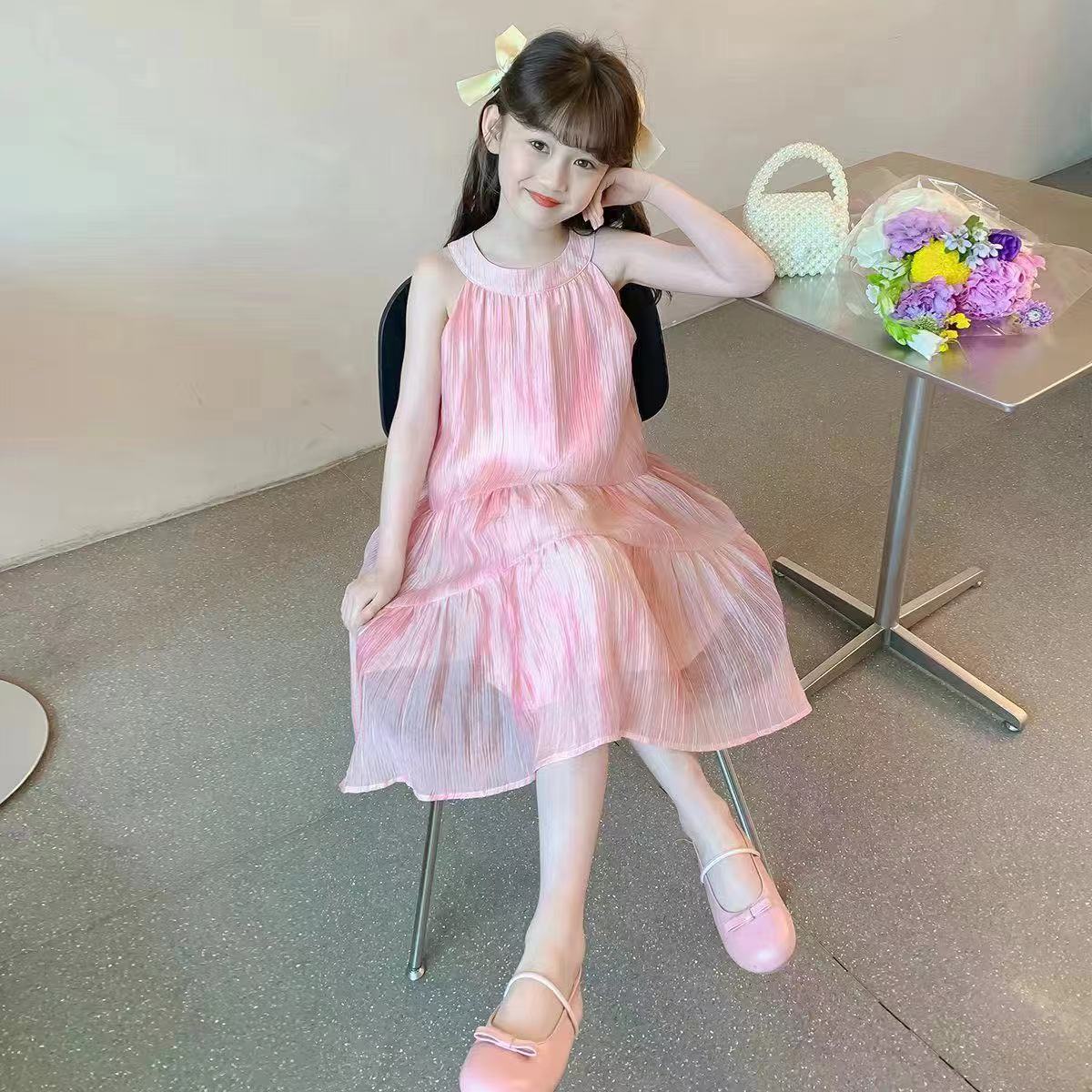 Girls' dress 2024 New Summer Western Style Long Dress Summer Dress Girls' Big Children's dress Children's Sling Skirt