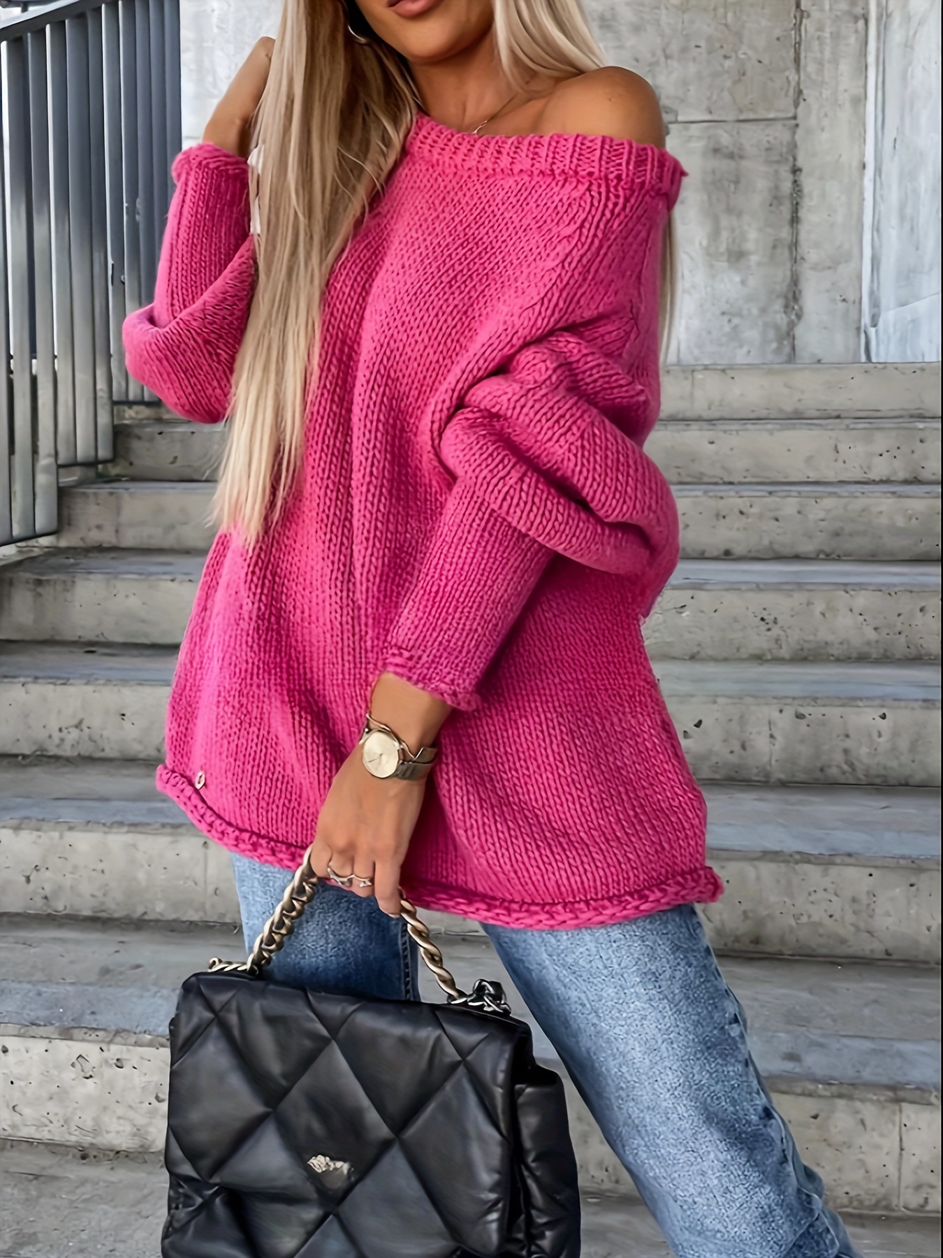 Europe and the United States cross-border Amazon autumn and winter open shoulder crew neck pullover knitted solid color temperament commuter loose plus size sweater