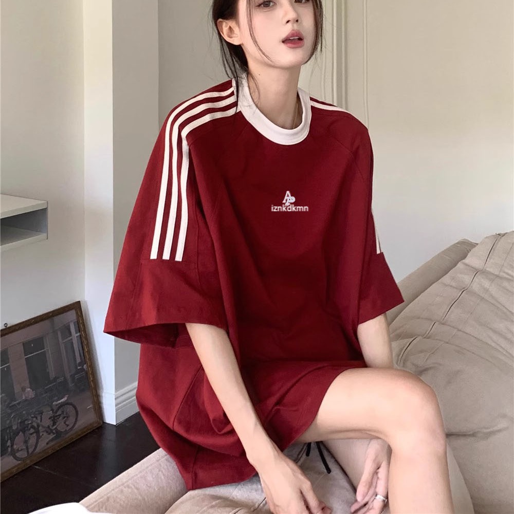 Red Letter Print Short-Sleeved T-Shirt for Women, Summer Loose Fit, Slimming, Casual Mid-Length Top, Ins Casual and Versatile