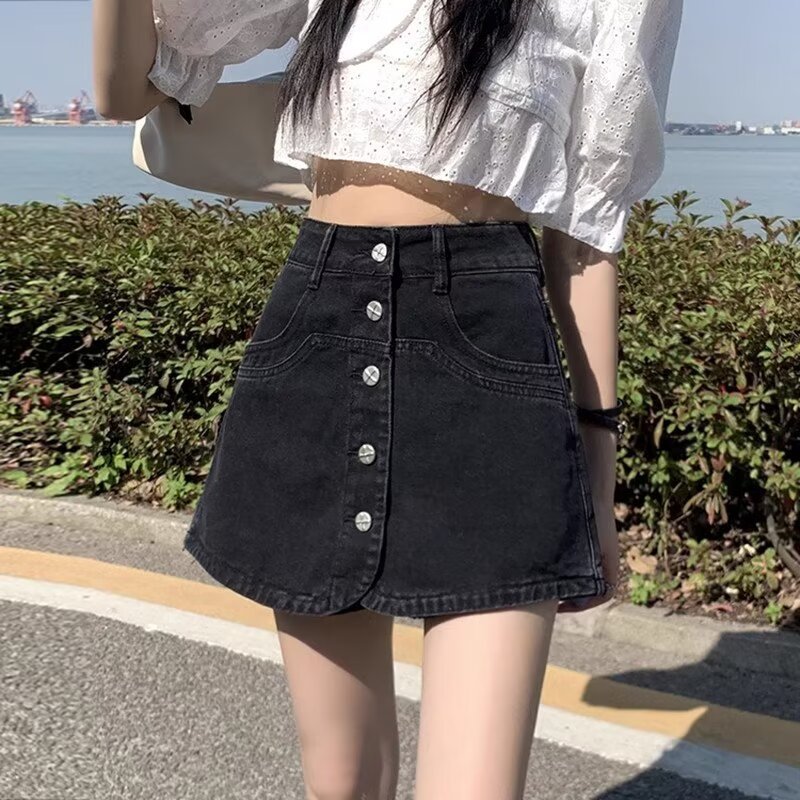 Black Breasted Denim Bust Skirt Women's Summer 2024 New Loose Slimming A- line Hip Shorts Skirt