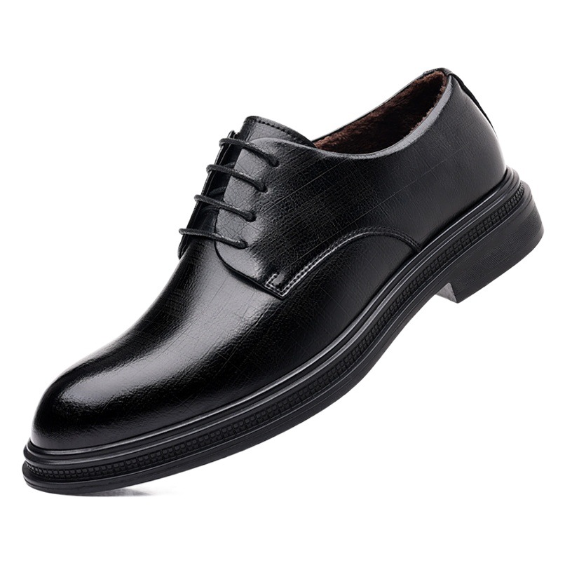 Leather shoes men's autumn and winter business formal wear men's low side height fleece-lined British wind groom wedding shoes a generation of hair