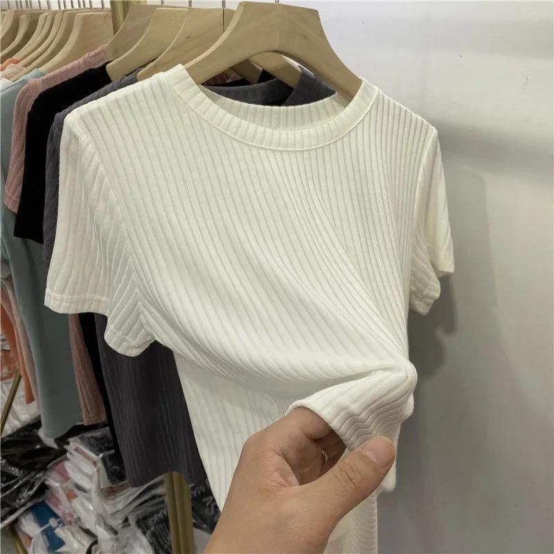 European goods pit strip crew neck short-sleeved T-shirt top women's 2024 spring and summer new Korean-style slimming inner base shirt ins tide