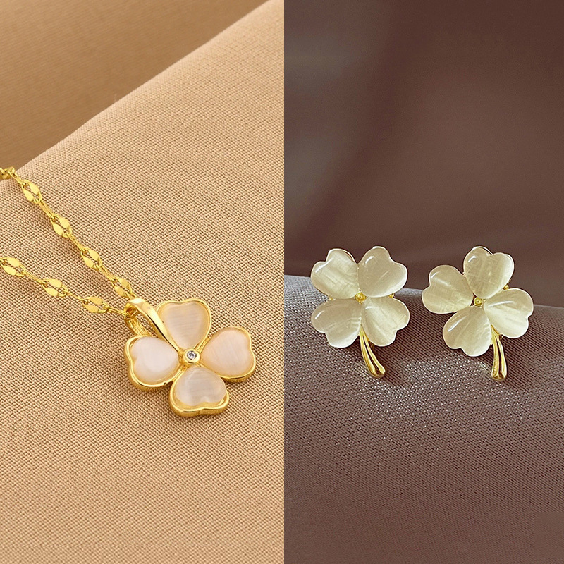 Cross-Border Titanium Steel Cat-Eye Non-Fading Clover Necklace Earring Set New Diamond-Encrusted Feminine High-End Clavicle Chain
