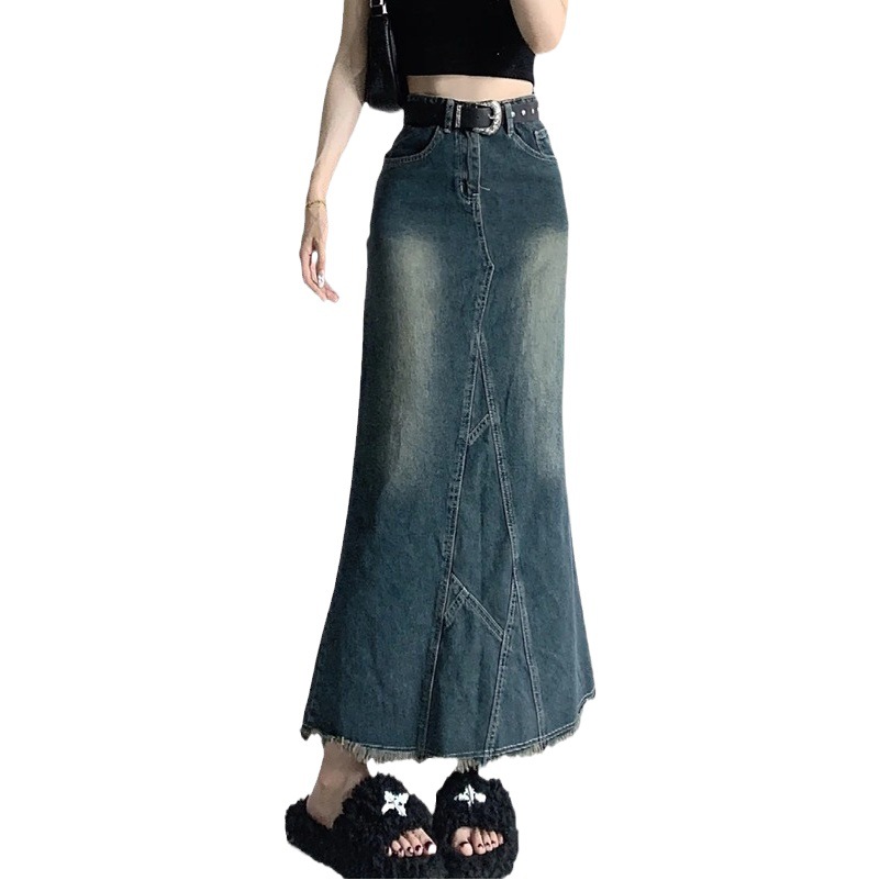 Niche hot girl design lotus leaf sheath fishtail skirt for women 2024 Spring and Autumn New High waist split Denim skirt