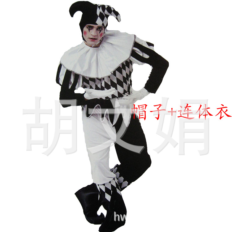 Picture of Halloween adult costume adult clown dress suit black and white stitching clown costume with hat one-piece clown suit