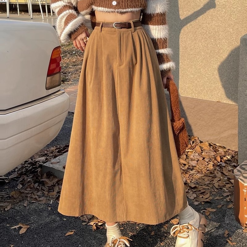 [A large number of in stock] corduroy skirt women's autumn retro high waist slimming mid-length large swing A- Line