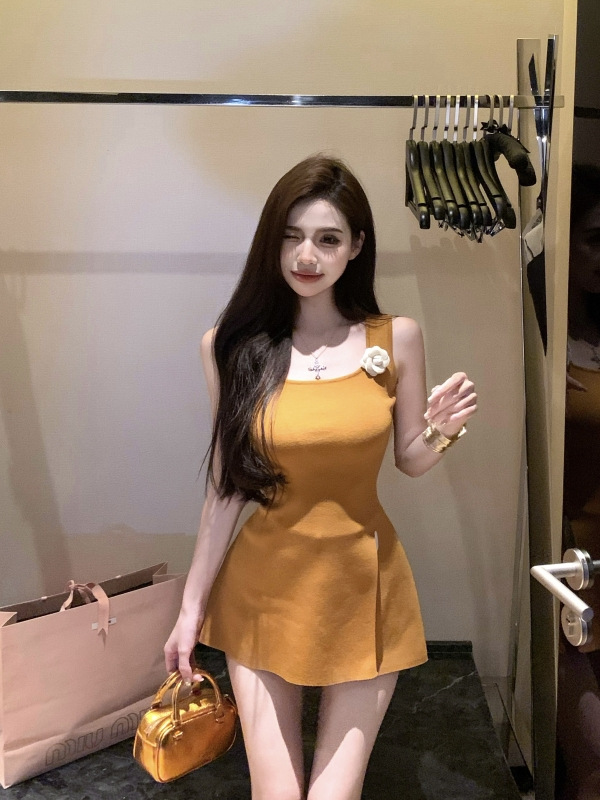 Hot Girl Orange Flower Knitted Small Sling Women's Summer Waist Slimming Square Collar Sleeveless Vest Split Top for Outer Wear