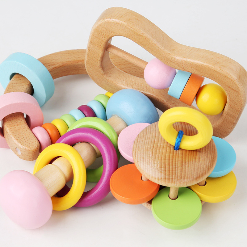 Wooden Rattle Four-piece Set Newborn Baby Orff Musical Instrument Infant Hand-held Rattle Early Education Grasping Toy