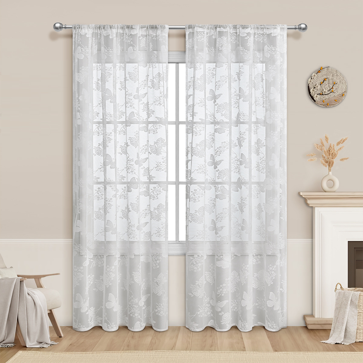 Picture of TEMU in stock window screen generation cross-border butterfly love flower white lace window screen SHEIN semi-shading finished curtain