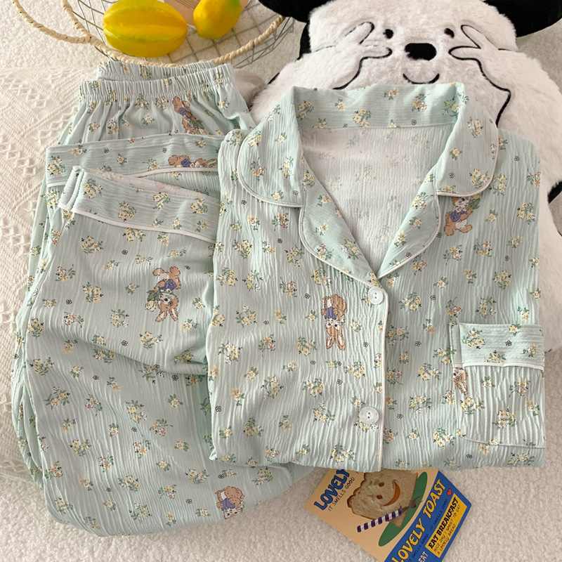 Picture of Retro fairy wind spring new long sleeve pajamas women wrinkled cloth cartoon home clothes fashion suit real shot wholesale