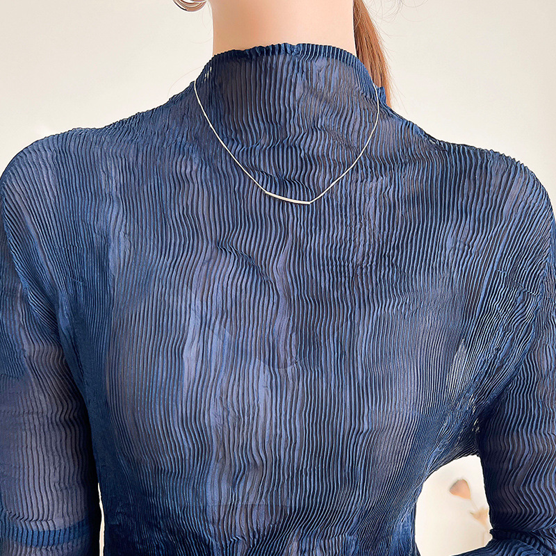 Picture of Miyake Ultra-thin Perspective Top Base Shirt Women's Spring and Summer Long-sleeved Sunscreen Western Style All-match Pleated Top Inner Shirt