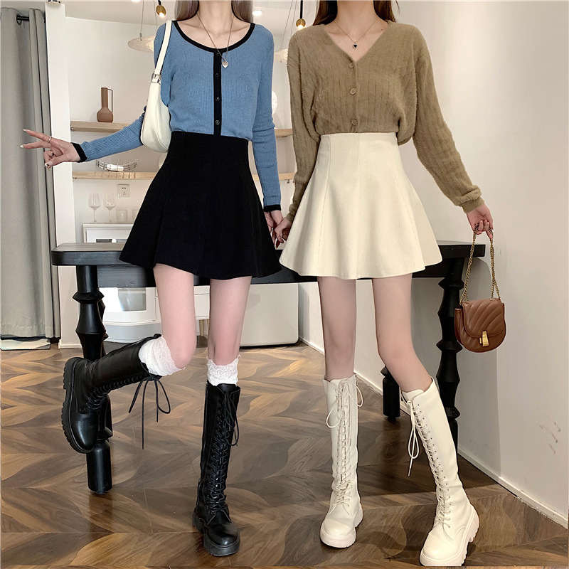 milk brown Corduroy Skirt Women's 2023 Autumn and Winter New High Waist A- shaped Small Short Skirt with Sweater