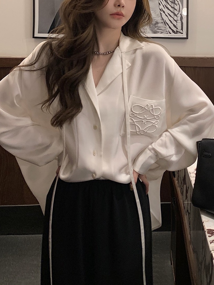 Spring and Summer Lo*We Acetate Shirt Women's High-End Satin Gloss 18,000 Needle Embroider Shirt Cardigan