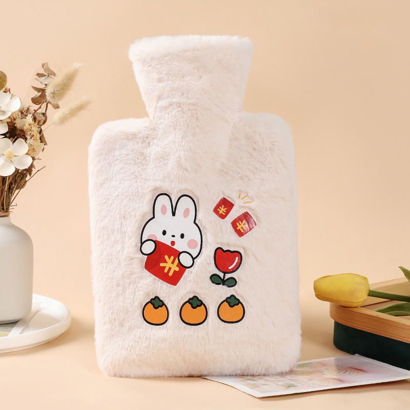 Picture of Rabbit Fur Hand Warmer Bag Filled with Water Hot Water Bottle Cartoon Plush Hand Warmer Hand Warmer Removable and Washable Hot Water Bag Thickeneded Explosion-Proof