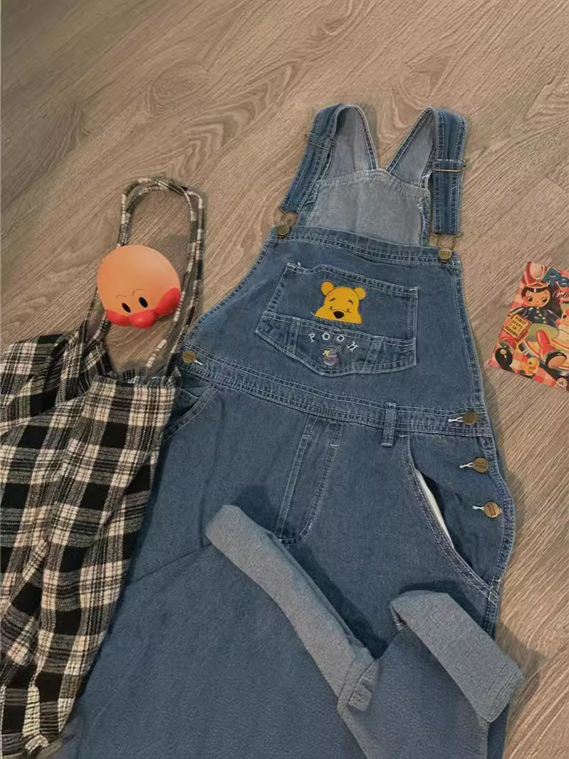 2024 Childlike Vintage Style Retro Loose Washed Denim Embroidered Cartoon Overalls Can Be Worn in All Seasons for Men and Women