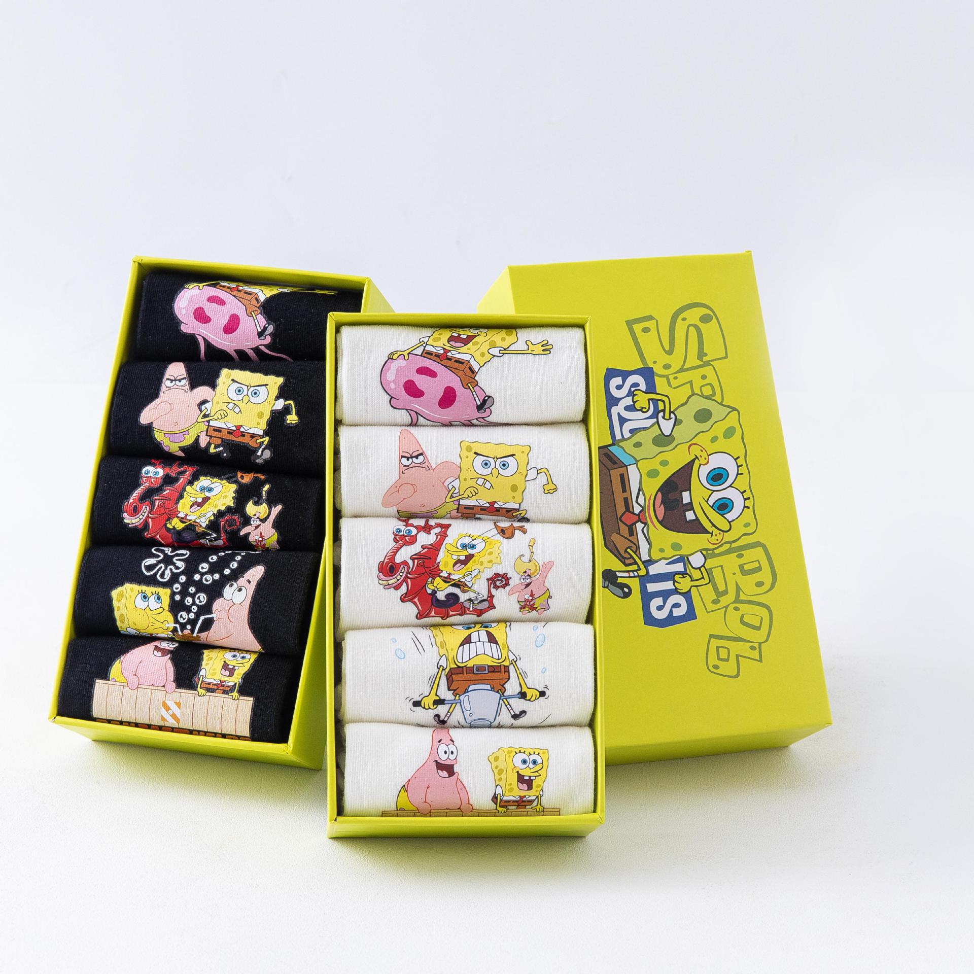 Socks women a box of five pairs of Spongebob cartoon printed boat Socks ins Japanese spring and summer shallow mouth socks
