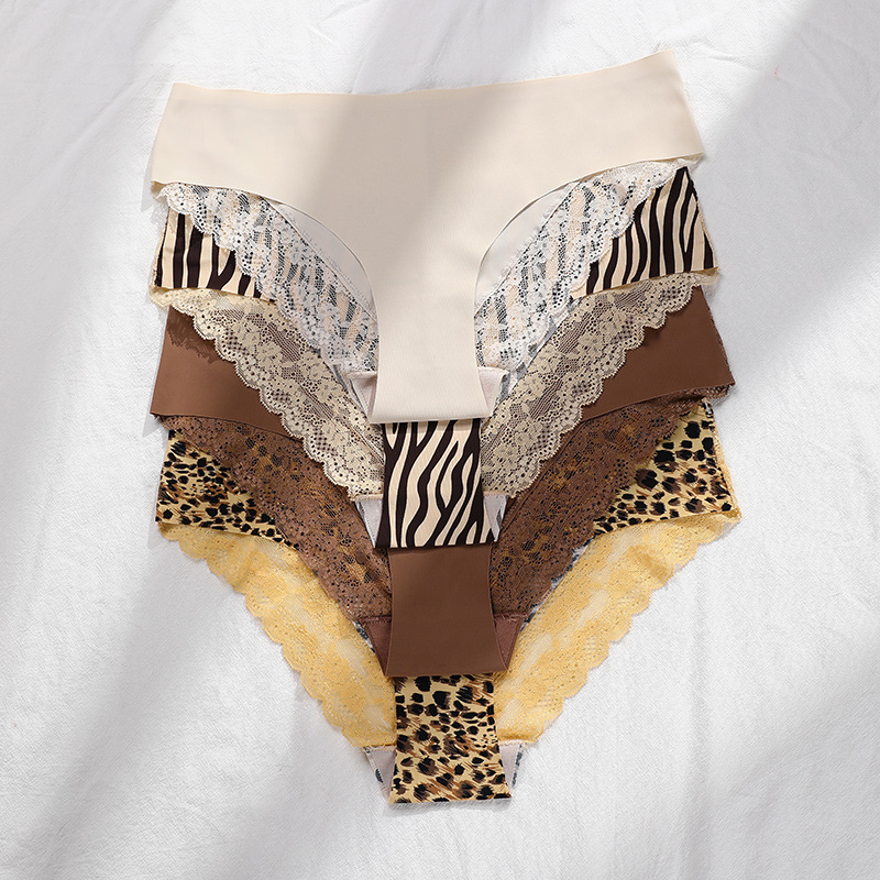 Cross-border sexy women's animal print underwear ice silk seamless breathable low waist sports lace stitching women's briefs