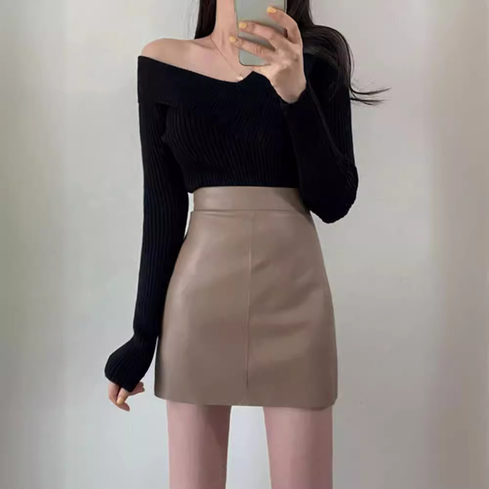 Black Small Leather Skirt Skirt Women's Autumn and Winter New High Waist Slim-fit Puleather Skirt Anti-slip A- line Hip Skirt