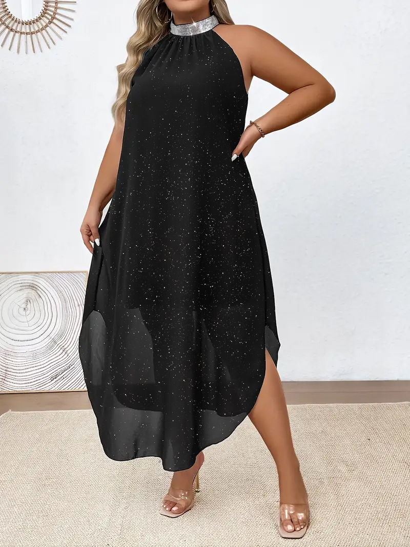 Elegant Cross-Border European and American Style Silver Sexy Halterneck Sequined Chiffon Dress Sleeveless Slim Round Neck Hip Skirt