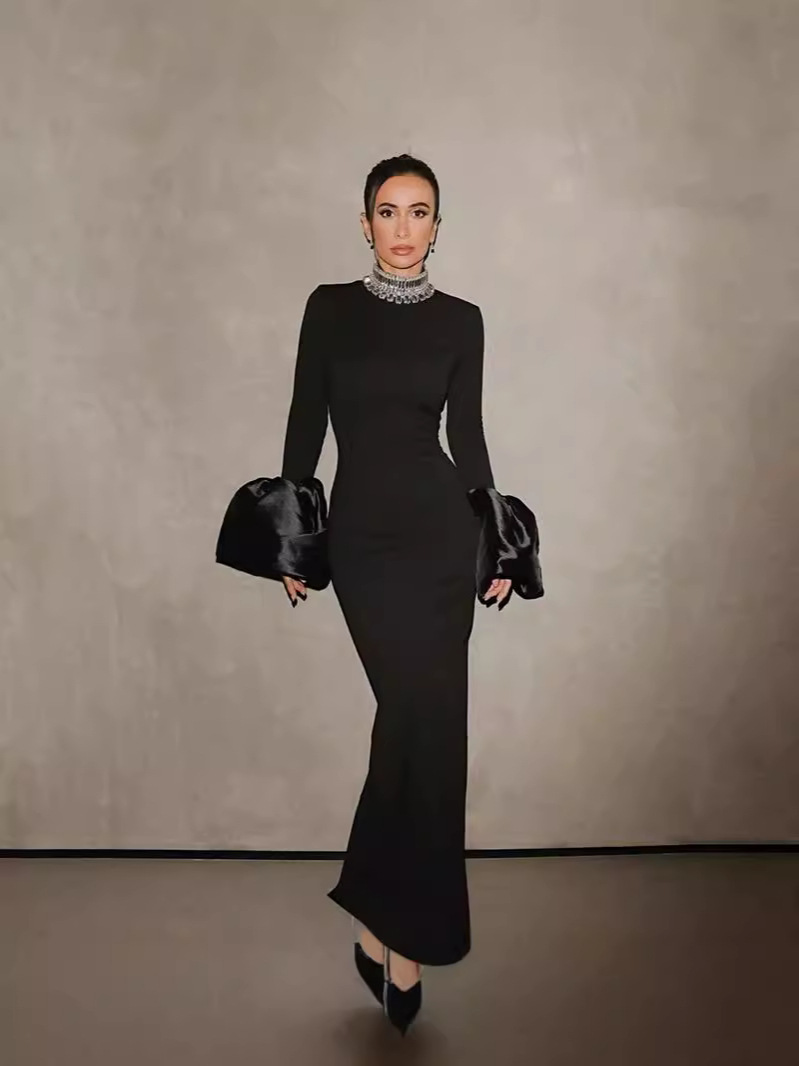 Europe and the United States hot women's 2024 autumn and winter new fashion slim collar rhinestone long sleeve dress foreign trade women wholesale