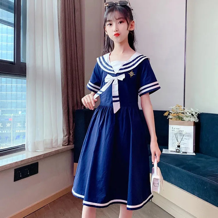 Girl's Navy Style Dress Summer Skirt Children's Fashion Cyber Celebrity Princess Dress Big Children's College Style Western Style Summer Dress