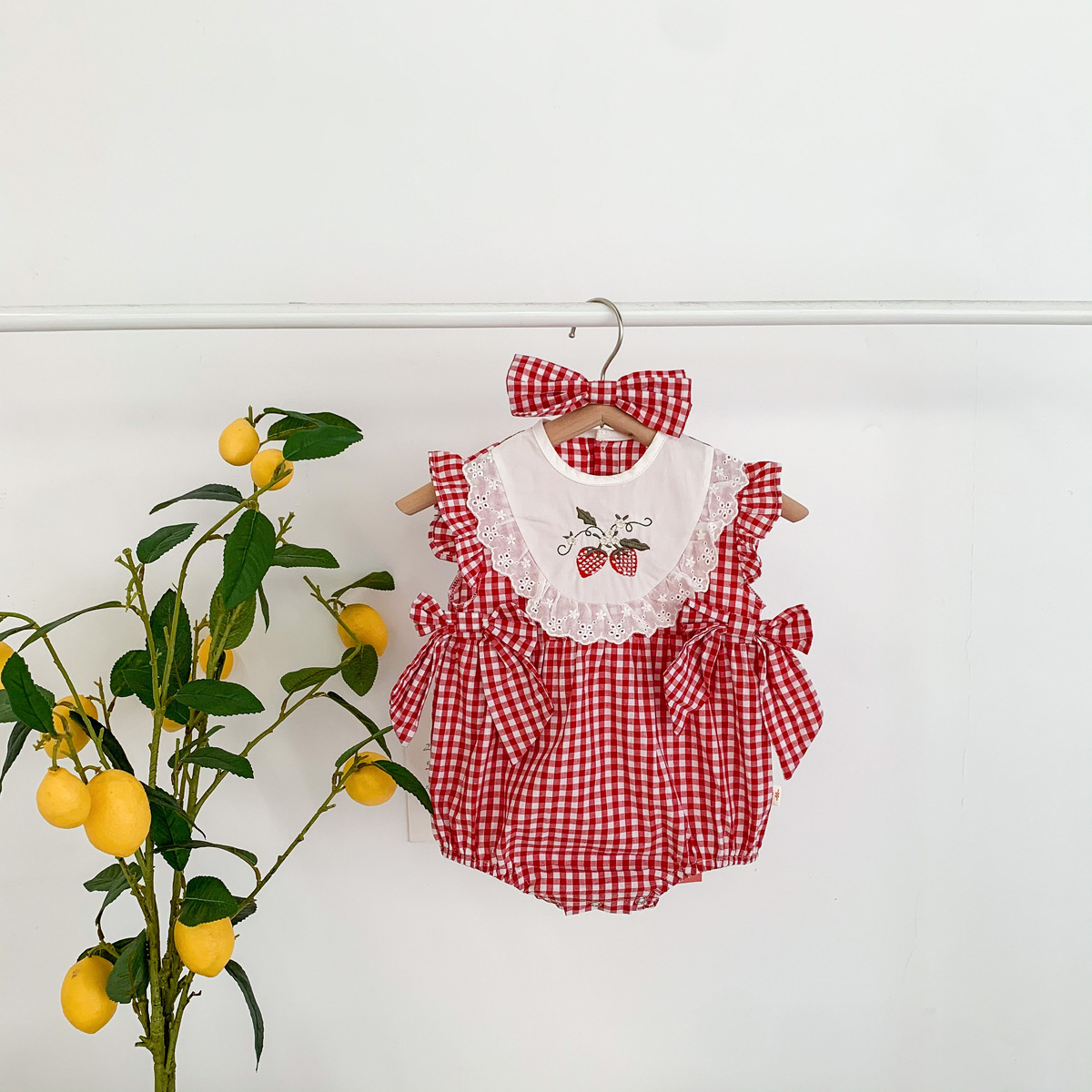 Picture of Infant Summer New Red Plaid Thin Embroidered Lace Cotton Triangle Hami Clothes for Baby Girl's one-piece climbing suit