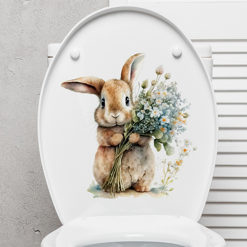 Watercolor rabbit toilet lid decorative stickers bathroom glass wall decoration beautifying stickers toilet flower cross-border stickers