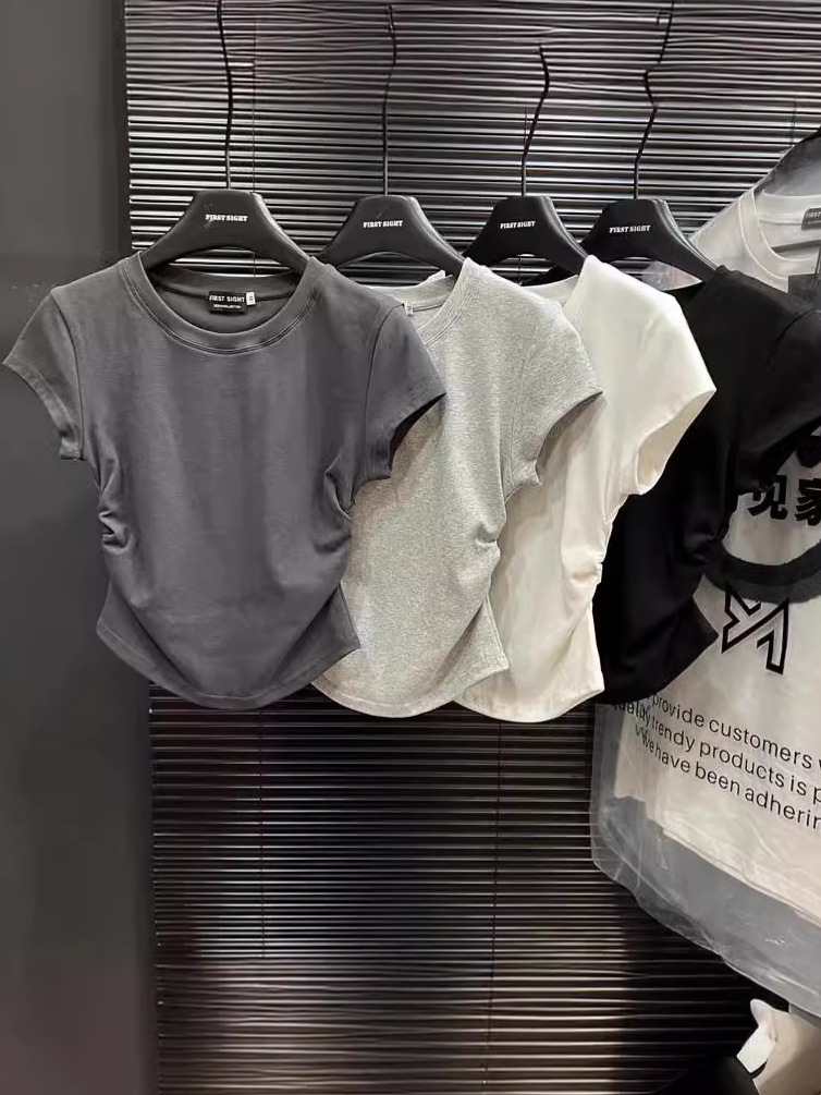 Ins Spice Girls Pure Wants Tight Waist T-shirt Short Sleeve Women's Summer New Solid Color Base Pullover Slim Fit Top Women's Fashion Wholesale