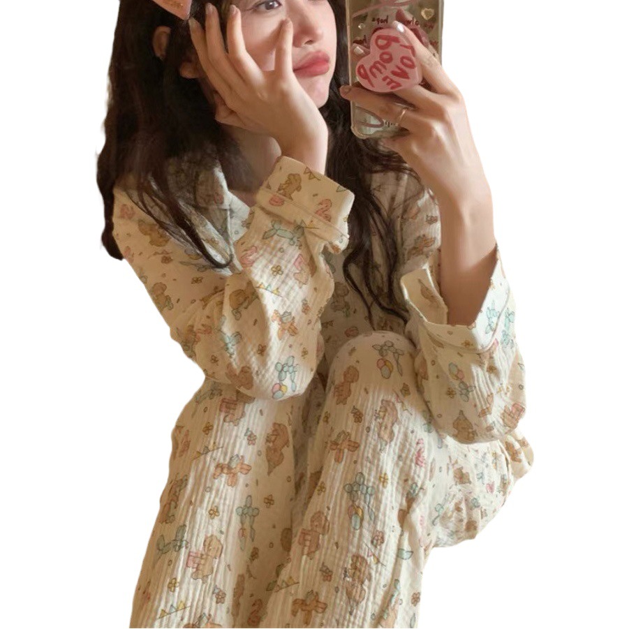 Simple casual cartoon lapel cardigan solid color pajamas women's autumn long sleeve home wear spring and autumn style can be worn outside