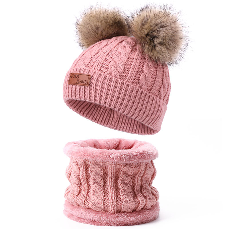 Picture of Winter Children's Neck Hat Two-Piece Pompom Baby Baby Knitted Hat Warm Wool Fleece-Lined Thickened Neck Set