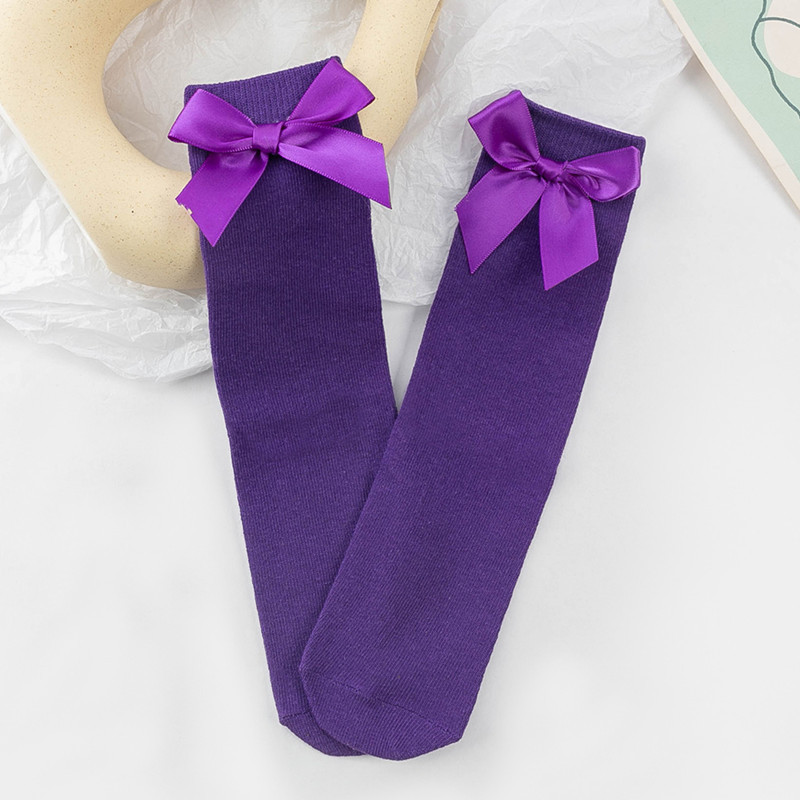 Picture of Children's Mid-Calf Socks, Solid Color Bowknot, Suitable for Both Small and Large Children, Slouch Socks That Can Be Worn Front or Back, Straight Tube, No Heel Socks for Girls