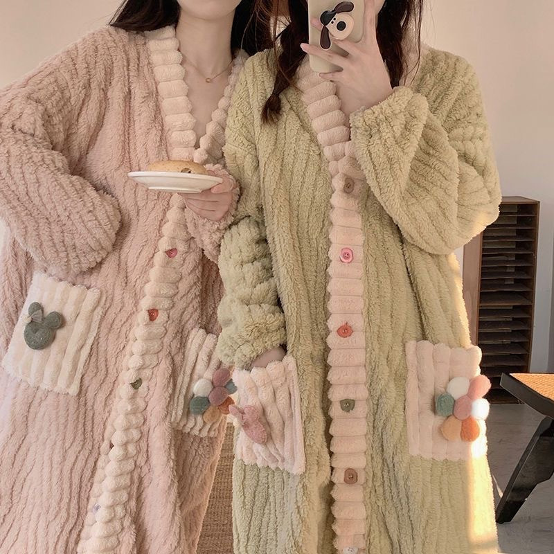 Rainbow suit Nightgown Women Autumn and Winter New Coral Fleece Warm Thickened Long Pajamas Sweet Cardigan Home Clothes