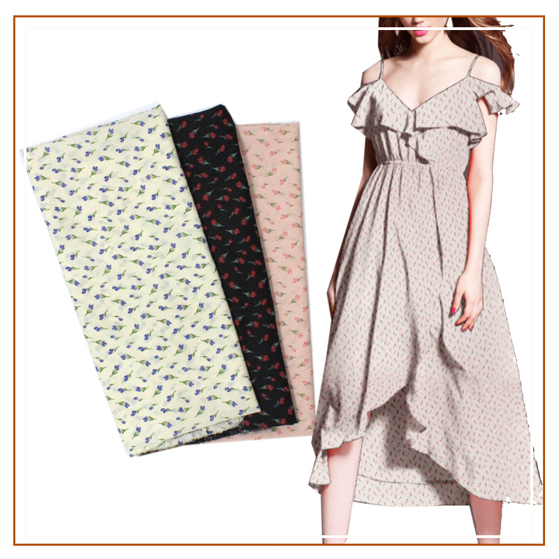 Hibiscus Hemp Printed Fabric Small Floral Popular Fashion Small Fresh Korean-Japanese Style Skirt dress Printed Fabric