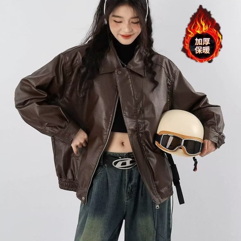 Picture of Cross-Border Hong Kong Style Brown Leather Jacket for Women 2023 New Autum American Retro Street Sweet and Cool Motorcycle Pu Wallet
