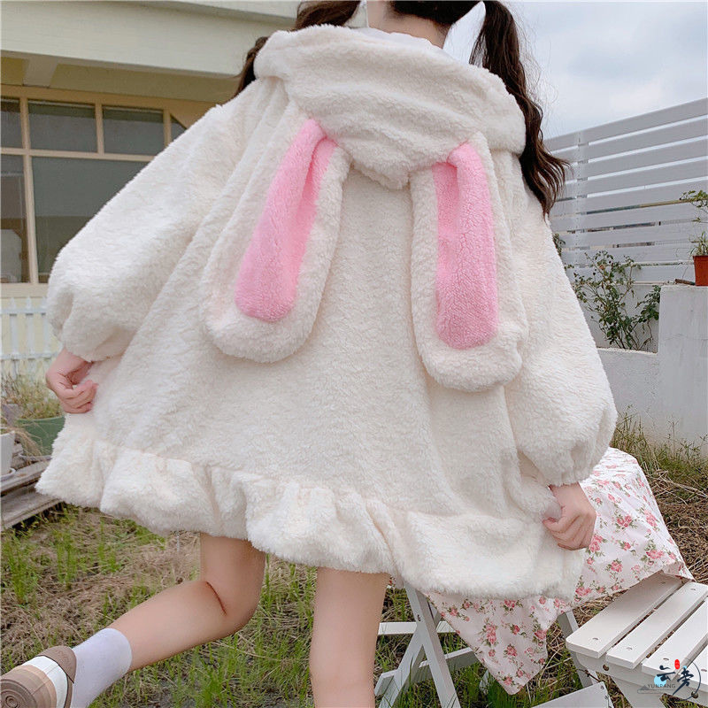 Japanese Style Cute Rabbit Ears Lamb Wool fleece-lined Thickened Sweatshirt Women's Dummy Soft Girl's Age-reducing Coat Autumn and Winter Fashionable