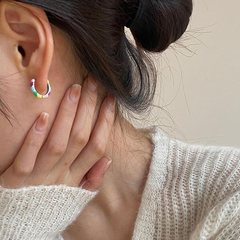 S925 Silver Needle Niche Hong Kong Style Oil Dripping Autumn and Winter Earrings Women's Geometric Colorful Splicing Earrings High-End 2022 Trendy
