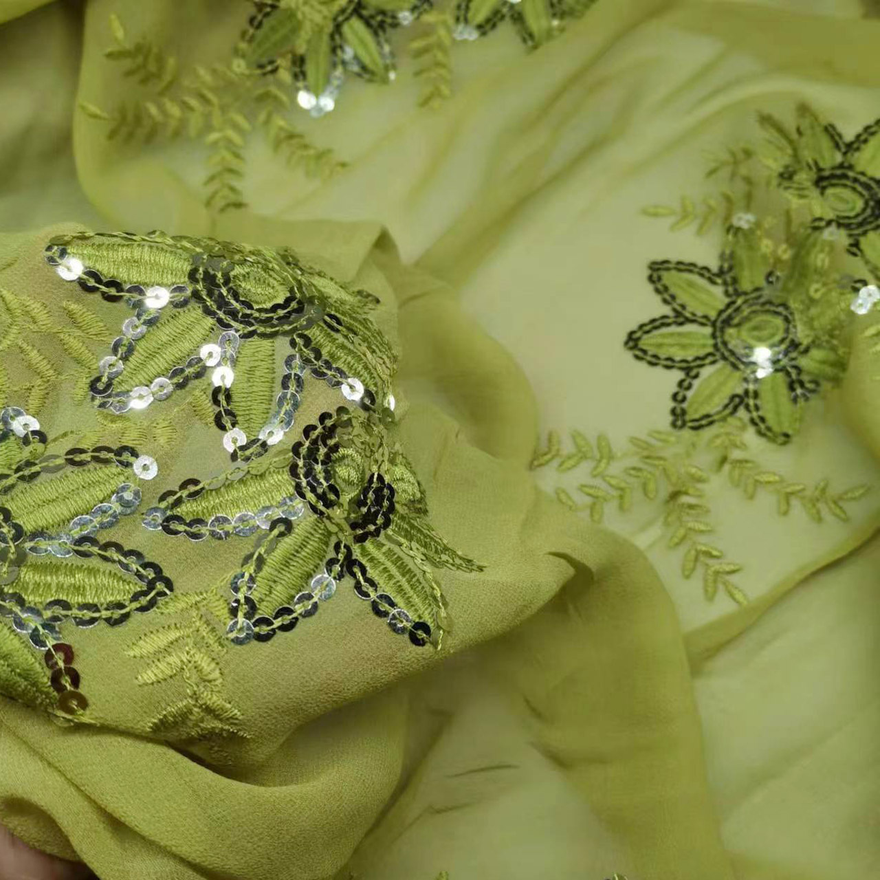 Sequin Embroidered Olive Green Mulberry Silk Georgette Fabric 8mm Narrow High-end Stage Clothing Silk Fabric