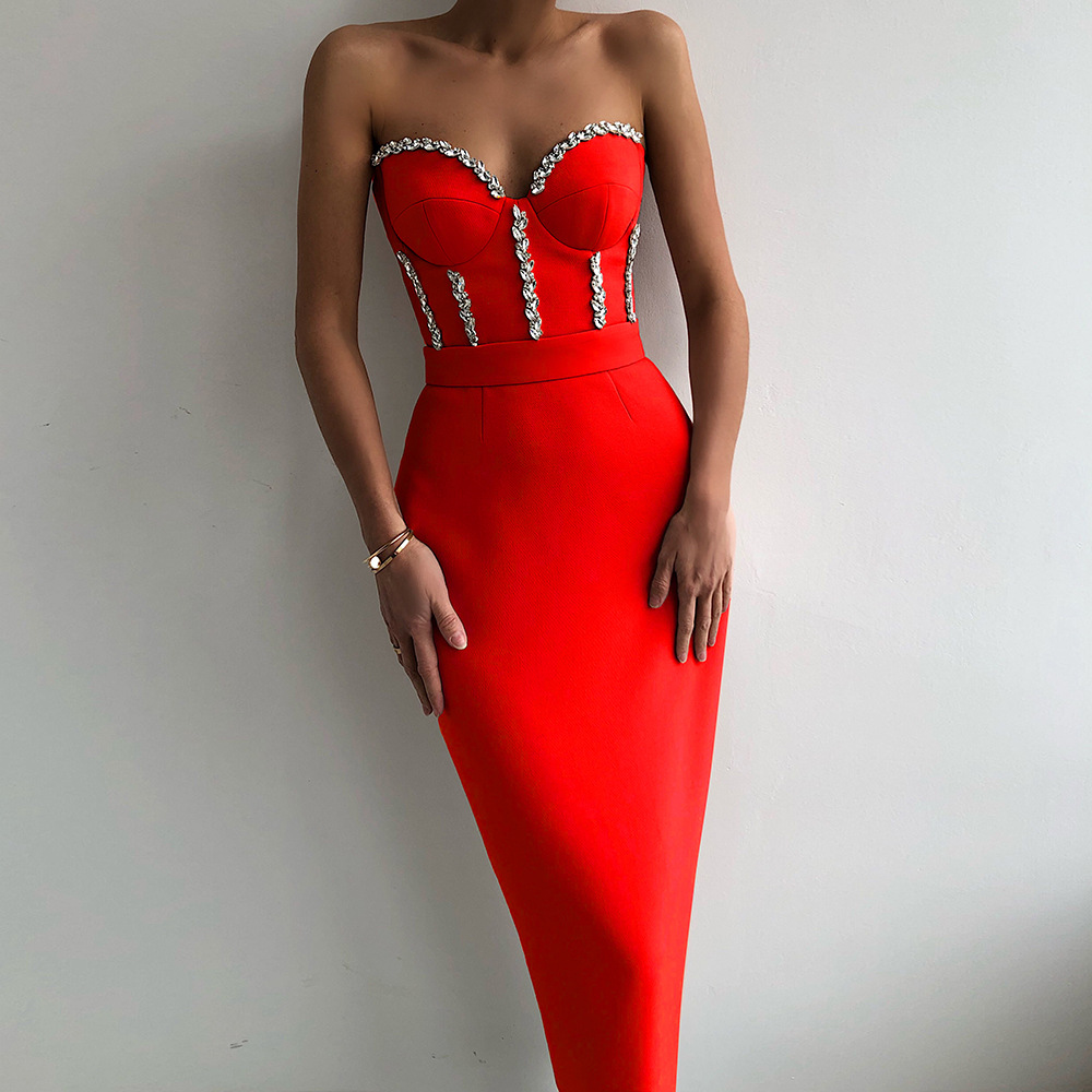Picture of Foreign trade new solid color temperament strapless bandage skirt Europe and the United States sexy diamond party dress dress
