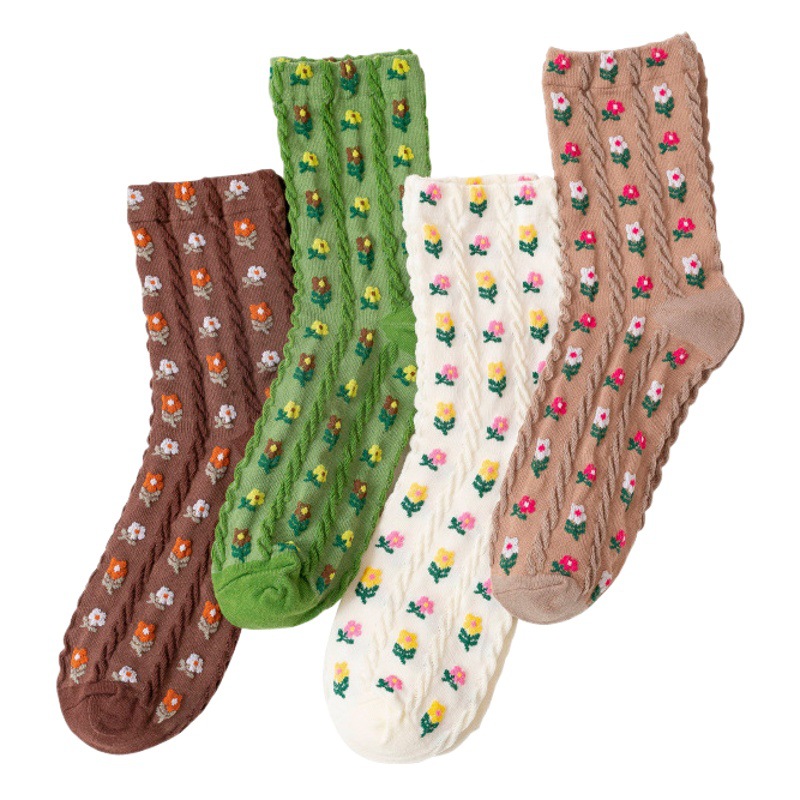 Socks Women's Autumn and Winter New Korean Style Cartoon Small Floral Women's Mid-tube Cotton Socks Street All-match Sports Leisure Women's Fashionable Socks
