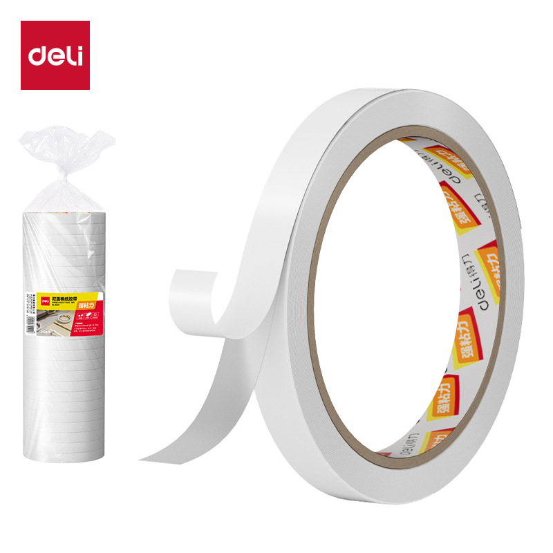 Picture of Deli 30401 tissue double-sided tape 12mm * 10y * 80um (white)(24 rolls/bag) paper glue stationery wholesale