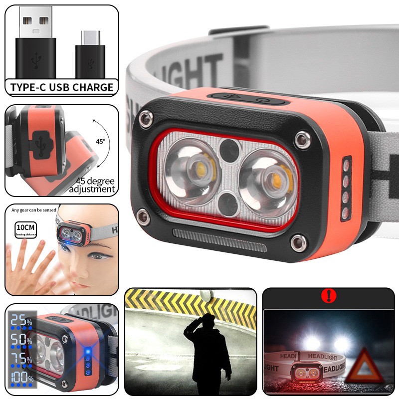 Cross-border new 2 * XTE three-light source strong light induction headlamp USB charging outdoor night running LED lighting headlamp