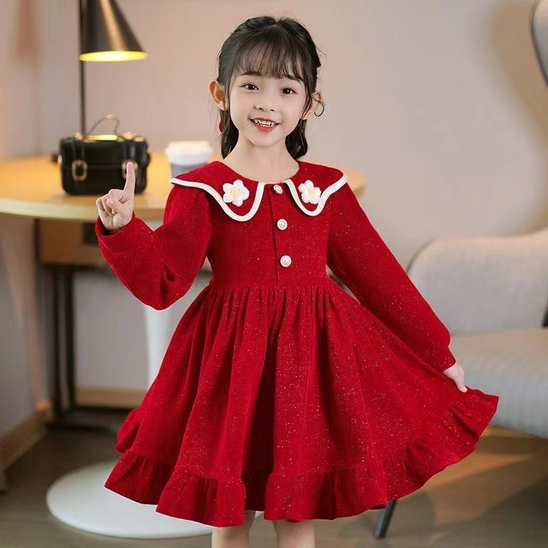 2024 Autumn and Winter Long Sleeve Girls' Velvet Dress Korean Style Fashionable Girl Princess Dress First Birthday Dress