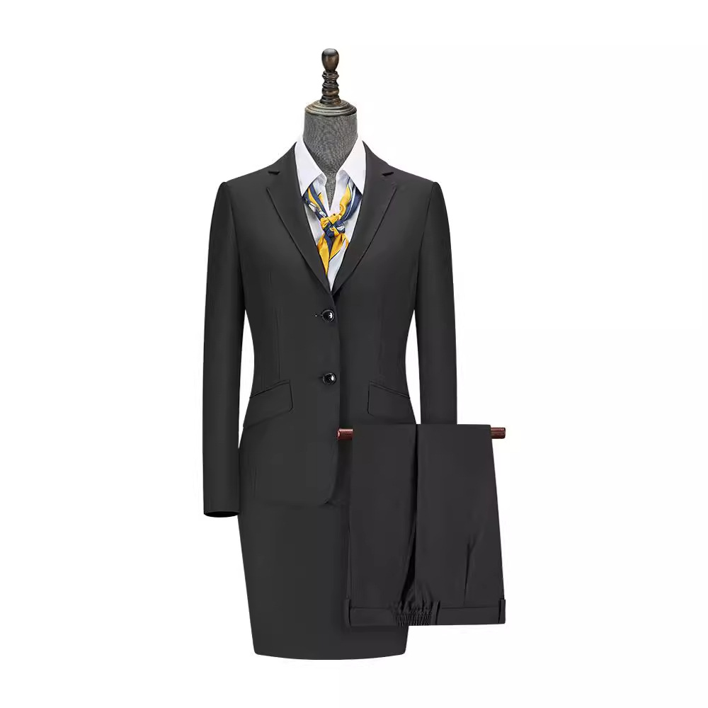 Picture of Classic navy blue Black Suit Women's Four-piece Set Yarn-dyed Faux-wool Single-breasted Dress Vest Coat Suit Skirt